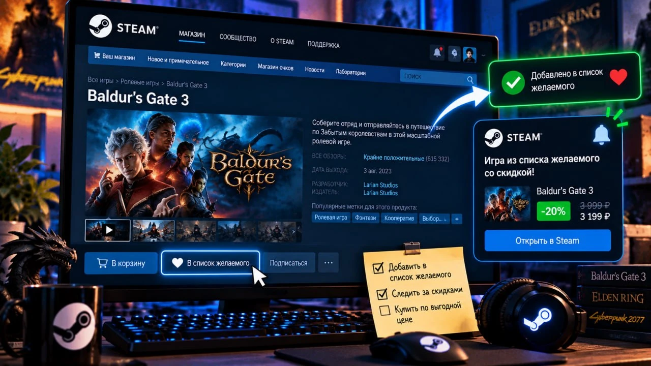 Как добавить игру в список желаемого Steam и следить за скидками