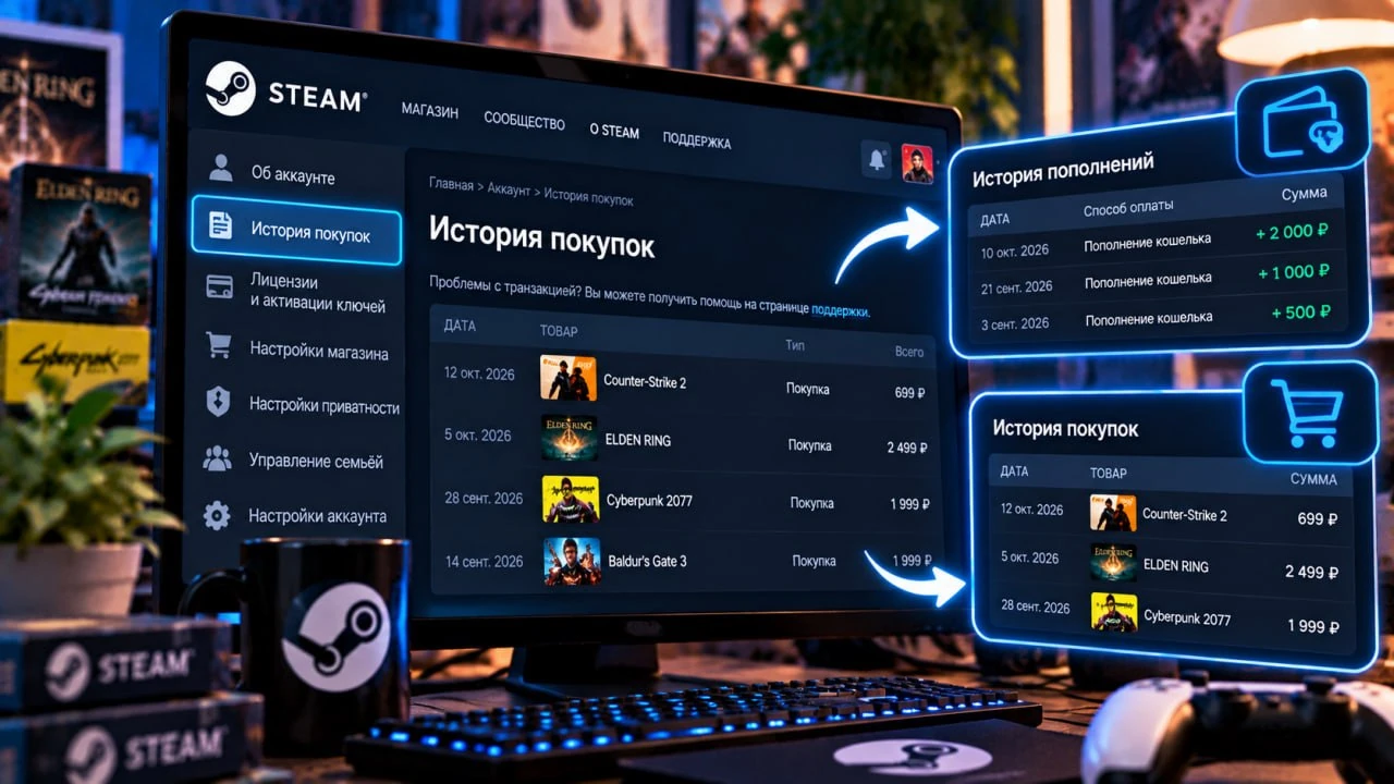 Как посмотреть историю покупок и пополнений Steam