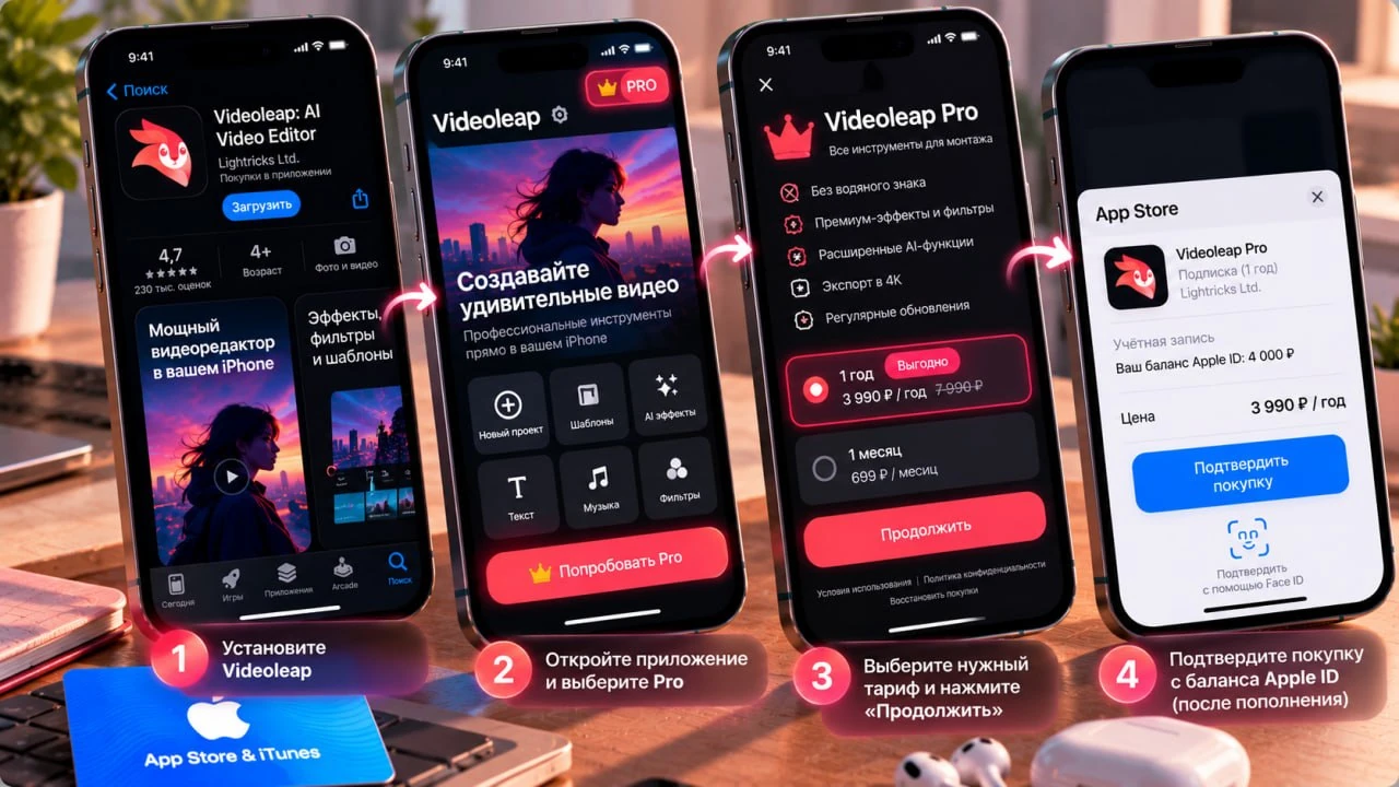 Как купить Videoleap Pro после пополнения